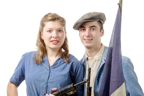 Casal jovem resistente durante a Segunda Guerra Mundial, isolado em branco — Fotografia de Stock