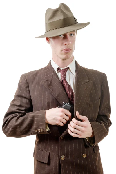 Gangster in completo vintage, con pistola — Foto Stock