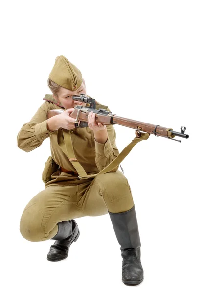 러시아 여자 군인입니다. Ww2 재연 흰색 절연 — 스톡 사진