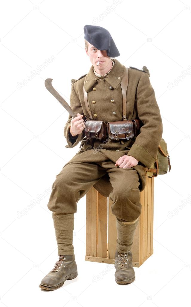 French soldier 40s smoke a cigarette on the white background