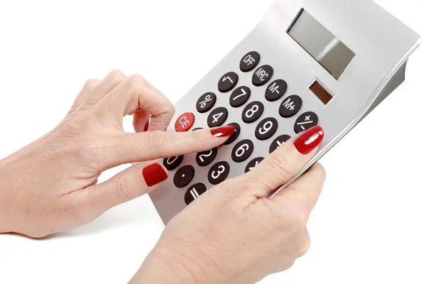 Woman hands working on calculator close up — Stock Photo, Image