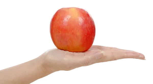 La mano della donna che tiene la mela rossa. Isolato su sfondo bianco . — Foto Stock