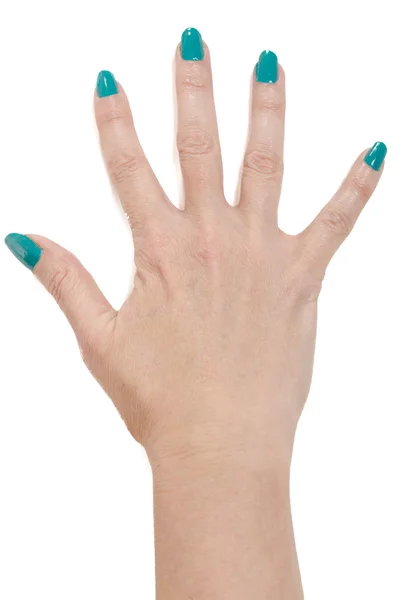 Mão de mulher com unhas verdes isoladas no fundo branco — Fotografia de Stock