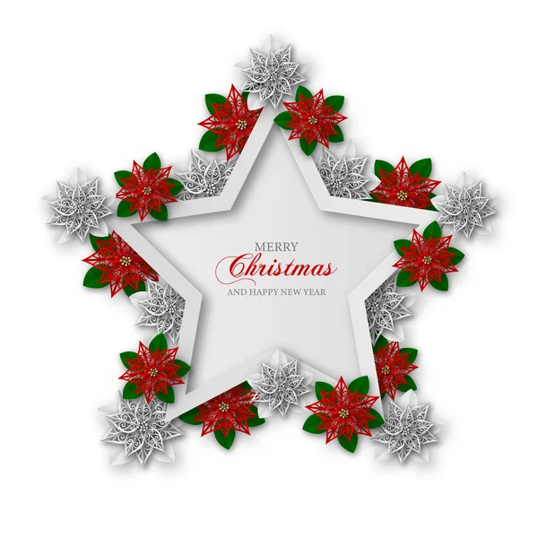 Vrolijk Kerstfeest Achtergrond Stervormig Frame Met Papieren Poinsettia Bloemen — Stockvector