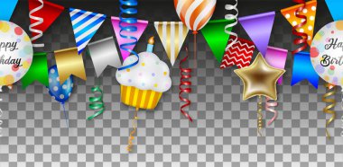 Renkli balonları, flamaları ve flamaları olan kusursuz doğum günü afişi.