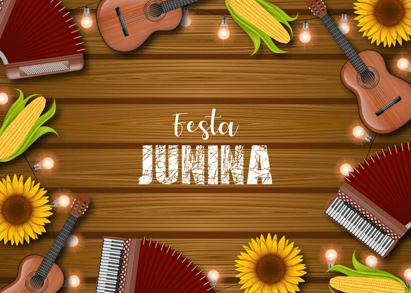フェスタ ジュニーナの背景 トウモロコシの穂軸 ひまわり アコーディオン ギター 電球と6月ブラジルの祭りのポスター — ストックベクタ