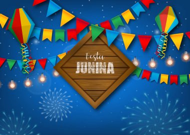 Festa Junina arka planı renkli flamalar ve balonlarla dolu. Brezilya Haziran Festivali posteri.