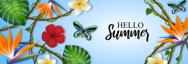Tropikal çiçekli, yapraklı ve kelebekli yaz afişi