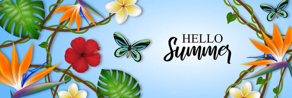 Hello summer banner with tropical flowers, leaves and butterflies