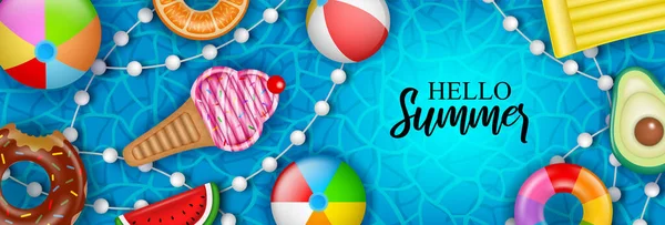Γεια Σας Καλοκαίρι Benner Φουσκωτές Μπάλες Στρώματα Και Δαχτυλίδια Κολύμπι — Διανυσματικό Αρχείο