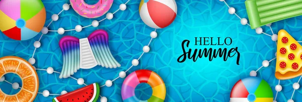 Hello Summer Banner Colorful Inflatable Balls Mattresses Swimming Rings Pool — Διανυσματικό Αρχείο