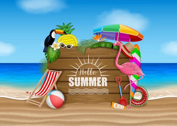ビーチの風景にビーチ要素 熱帯の花 鳥や木の看板とこんにちは夏のポスター — ストックベクタ
