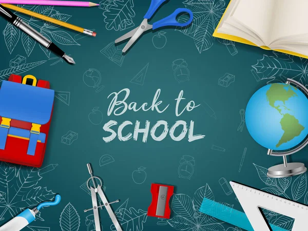 Terug Naar Schoolposter Met Realistische Accessoires Doodles Schoolbordachtergrond — Stockvector