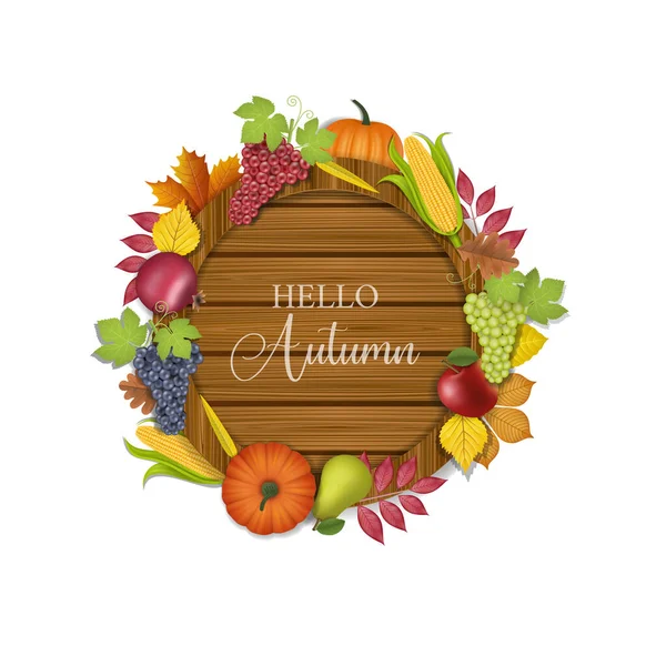 Ahoj Podzimní Dřevěné Prkno Ovocem Listy — Stockový vektor
