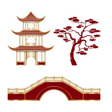 İzole edilmiş doğu manzarası elementleri tapınak, ağaç ve köprü. Çin Yeni Yılı ya da Sonbahar Festivali ortası için dekoratif unsurlar.