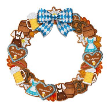 Oktoberfest çelengi, zencefilli kurabiye ve mavi beyaz fiyonk.