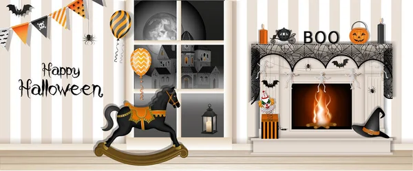 Bannière Halloween Heureuse Avec Cheminée Décorée Cheval Bascule — Image vectorielle