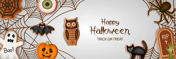 Bannière Halloween Heureuse Avec Biscuits Pain Épice Toiles Araignée — Image vectorielle