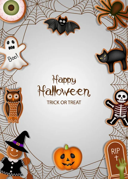 Affiche Halloween Avec Biscuits Pain Épice Toile Araignée — Image vectorielle