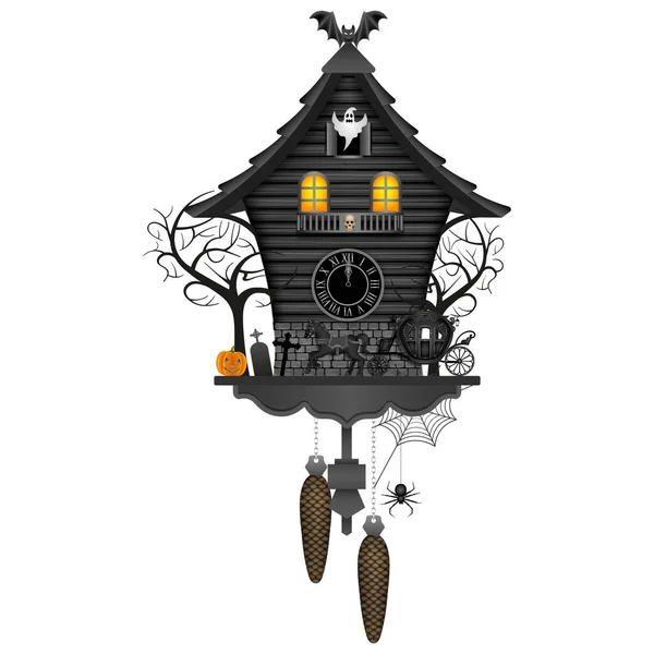 Relógio Cuco Halloween Com Carruagem Velha Abóbora Árvores Morcego Fantasma — Vetor de Stock