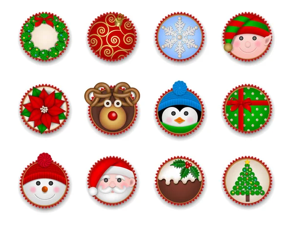 Conjunto Cupcakes Natal Vista Superior — Vetor de Stock