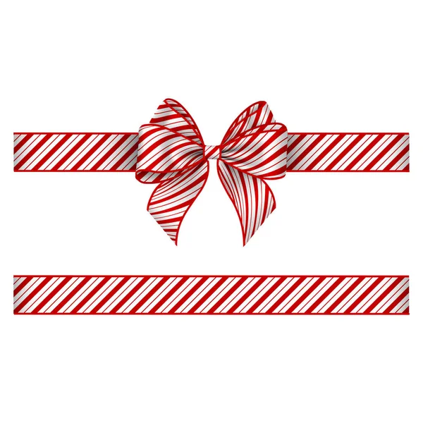 Χριστουγεννιάτικο Φιόγκο Και Κορδέλα Κόκκινες Ρίγες Τόξο Υφή Ζαχαροκάλαμου — Διανυσματικό Αρχείο