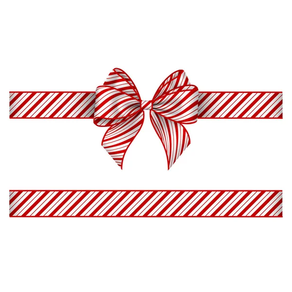 Kırmızı çizgili Noel yayı ve kurdele. Yay ve baston şeker deseni