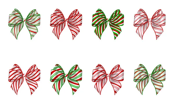 Set Isolated Christmas Bows Candy Cane Texture Striped Bow Christmas — Stock Vector
