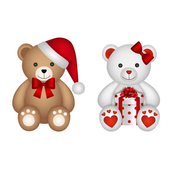 Weihnachten Männliche Und Weibliche Teddybären Mit Weihnachtsmann Hut Und Geschenkschachtel — Stockvektor