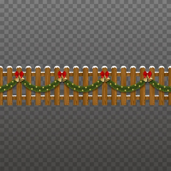 Бесшовный Рождественский Забор Деревянный Забор Снегом Рождественскими Украшениями Золотыми Колоколами — стоковый вектор