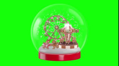 Noel kar küresi canlandırılmış zencefilli ekmek atlıkarınca dönme dolap ve düşen kar taneleri yeşil ekranda