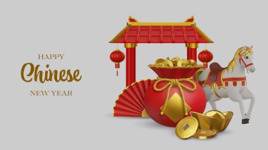 Üç boyutlu at, bozuk para dolu şanslı çanta, katlanan yelpaze, tapınak ve külçe. At yılı afişi