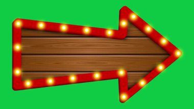 Canlandırılmış ok şekilli tahta tabela ve yeşil ekranda ampuller.