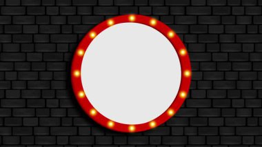 Siyah duvarında ampuller olan hareketli yuvarlak tabela