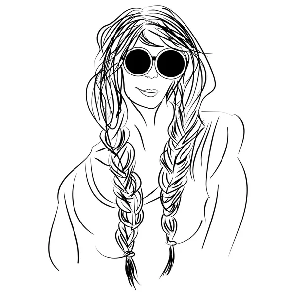 Sketch chica hippie con gafas y coletas — Vector de stock