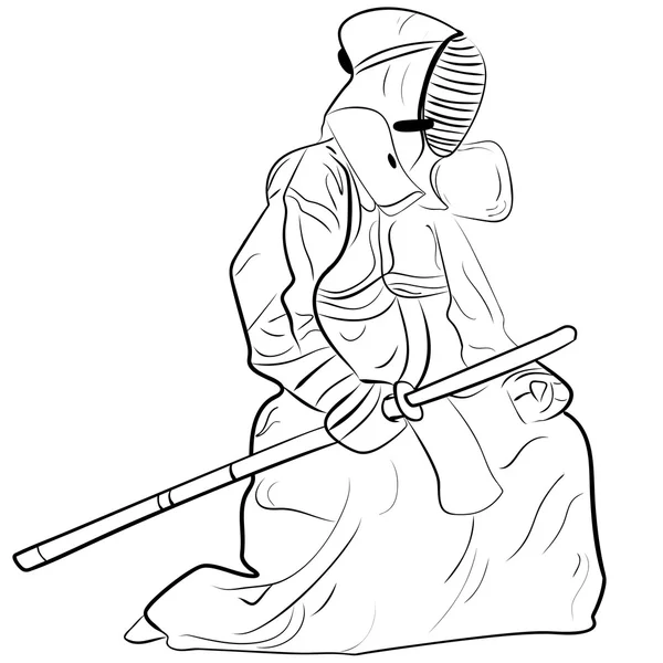 Boceto blanco y negro kendo samurai — Vector de stock