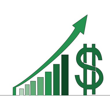 Düz renkli, sürekli çizim çizim çizimi. Gelir artışı, dolar kazancı grafikleri. İkon vektör çizimi kavramı.