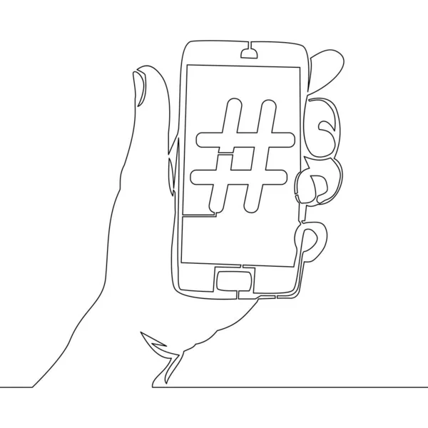 Continuo Una Sola Línea Dibujo Mano Teléfono Inteligente Con Hashtag — Vector de stock