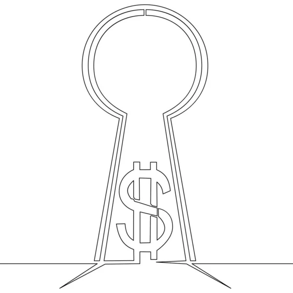 连续一行绘图货币在钥匙孔美元图标矢量说明概念中的应用 — 图库矢量图片