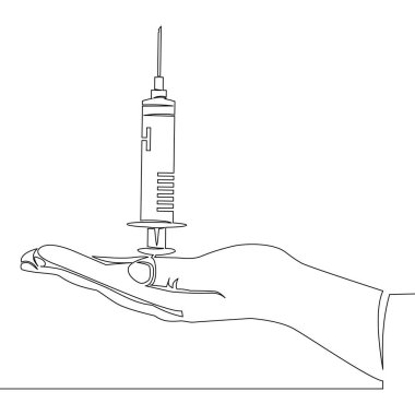 Elinde şırınga, elinde aşı ikonu vektör illüstrasyon kavramını çizen tek bir çizgi devam ediyor.