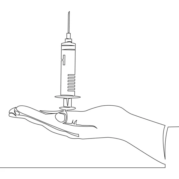 Desenho Contínuo Uma Única Linha Seringa Mão Vaccine Icon Vector — Vetor de Stock