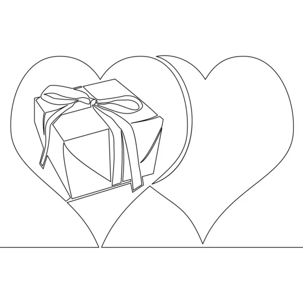 Continuous One Single Line Drawing Valentines Day Gift Box Heart — Stock Vector