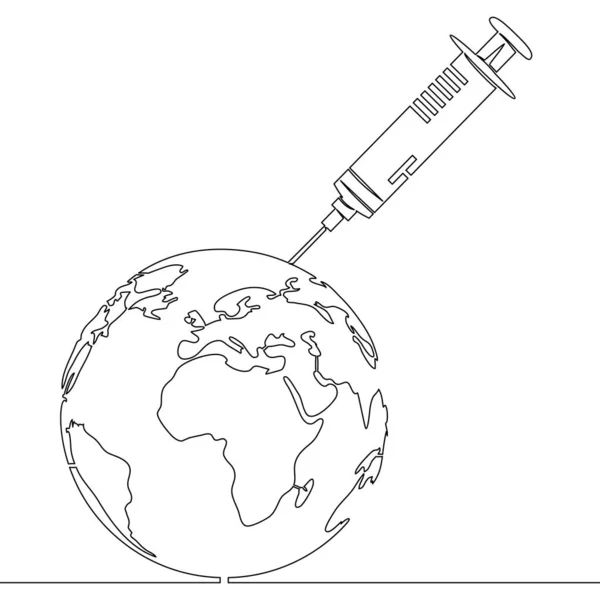 連続1本の線画注射器と惑星コロナウイルスワクチンアイコンベクトルイラストコンセプト — ストックベクタ