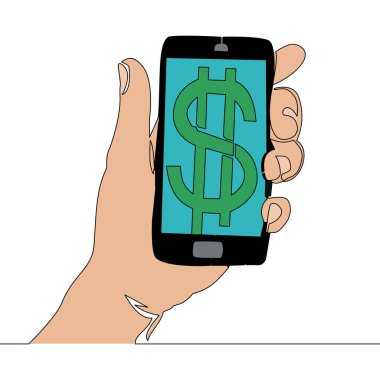 Düz renkli, sürekli çizim çizim çizimi Para Doları işaret simgesi çizim çizimi konseptiyle telefon duruşu