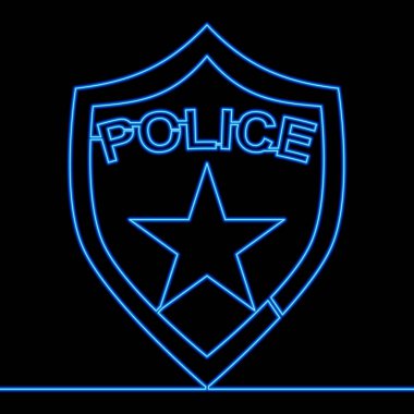 Polis rozeti çizen tek satır devam ediyor. Şerif ikonu neon ışıklı vektör illüstrasyon kavramı.