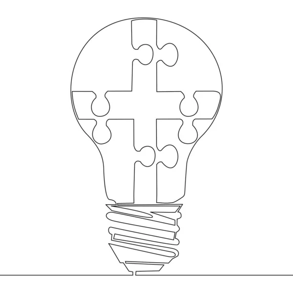 Kontinuální Jedna Čára Kreslení Žárovka Kouskem Puzzle Uvnitř Ikony Vektorové — Stockový vektor