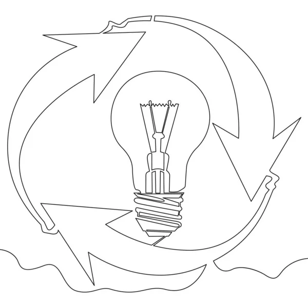 Kontinuierliche Eine Einzige Linie Zeichnung Recycling Zeichen Mit Glühbirne Symbol — Stockvektor