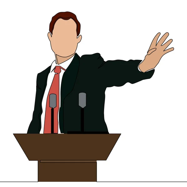 平面彩绘连续画线演说家站在领奖台后面政治或商业教练演讲图标矢量图解的概念 — 图库矢量图片