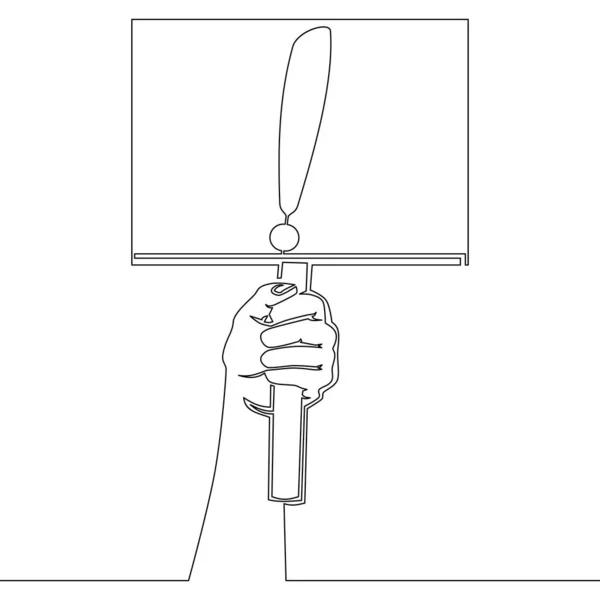 Continuous One Single Line Drawing Hand Holding Signboard Exclamation Mark — 스톡 벡터