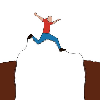 Düz renkli sürekli çizim çizimi, engelleri aşan adam uçurum ikonu vektör illüstrasyon kavramının üzerinden atlıyor.